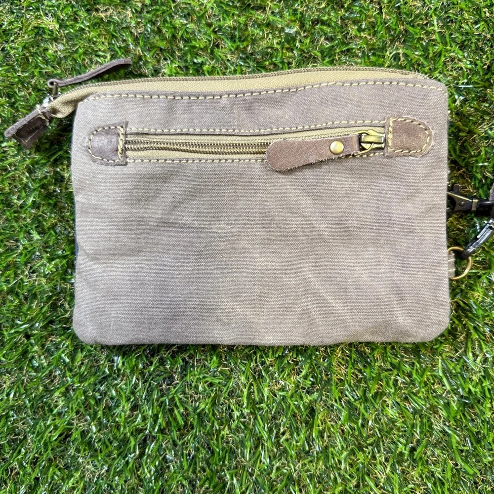 Myra Bag Canvas Leather Crossbody Phone Wallet Small Travel Pouch Grey Brown